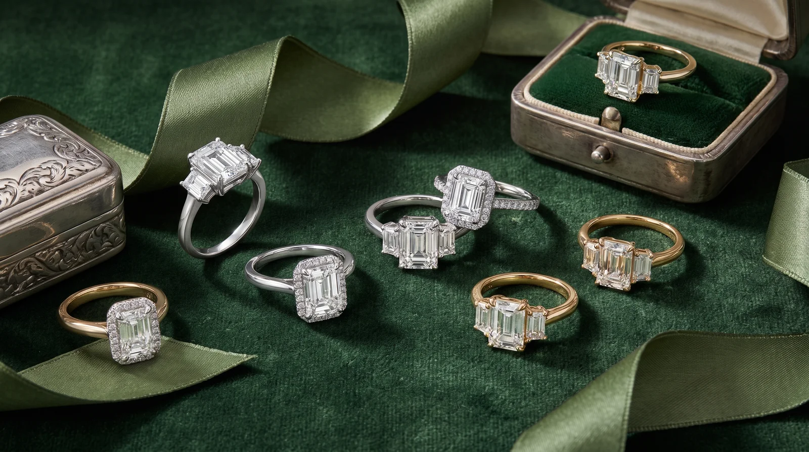 Emerald cut engagement rings featuring elongated diamonds in classic and vintage-inspired setting styles