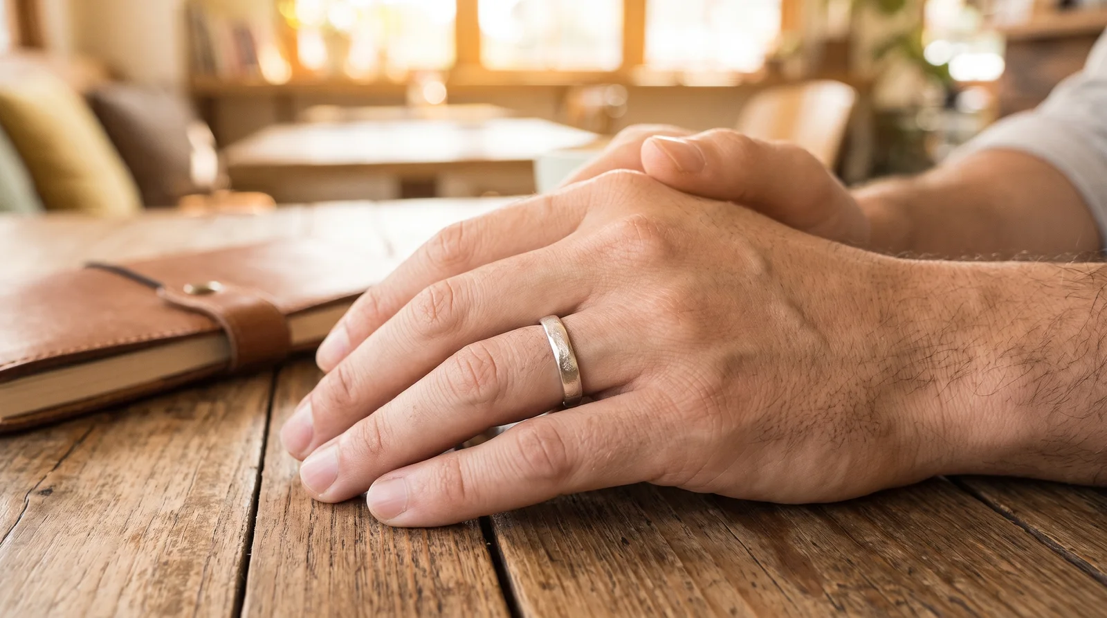 Man wearing a promise ring on left hand ring finger, showing what finger you wear a promise ring on