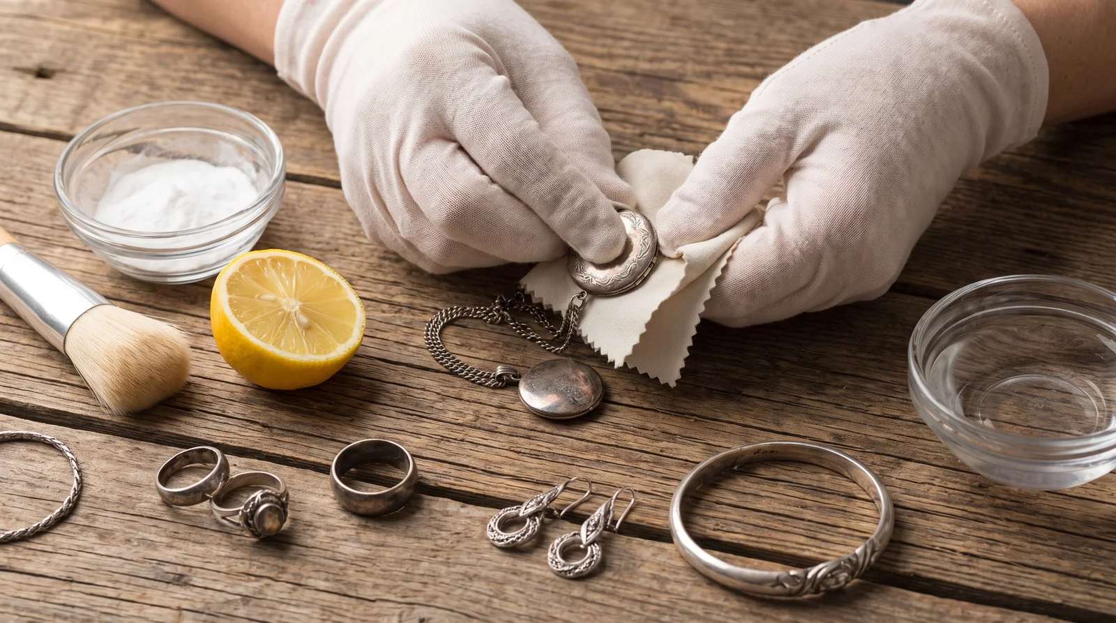 How to clean jewelry at home: tarnished silver rings and a necklace being polished with a soft cloth and baking soda