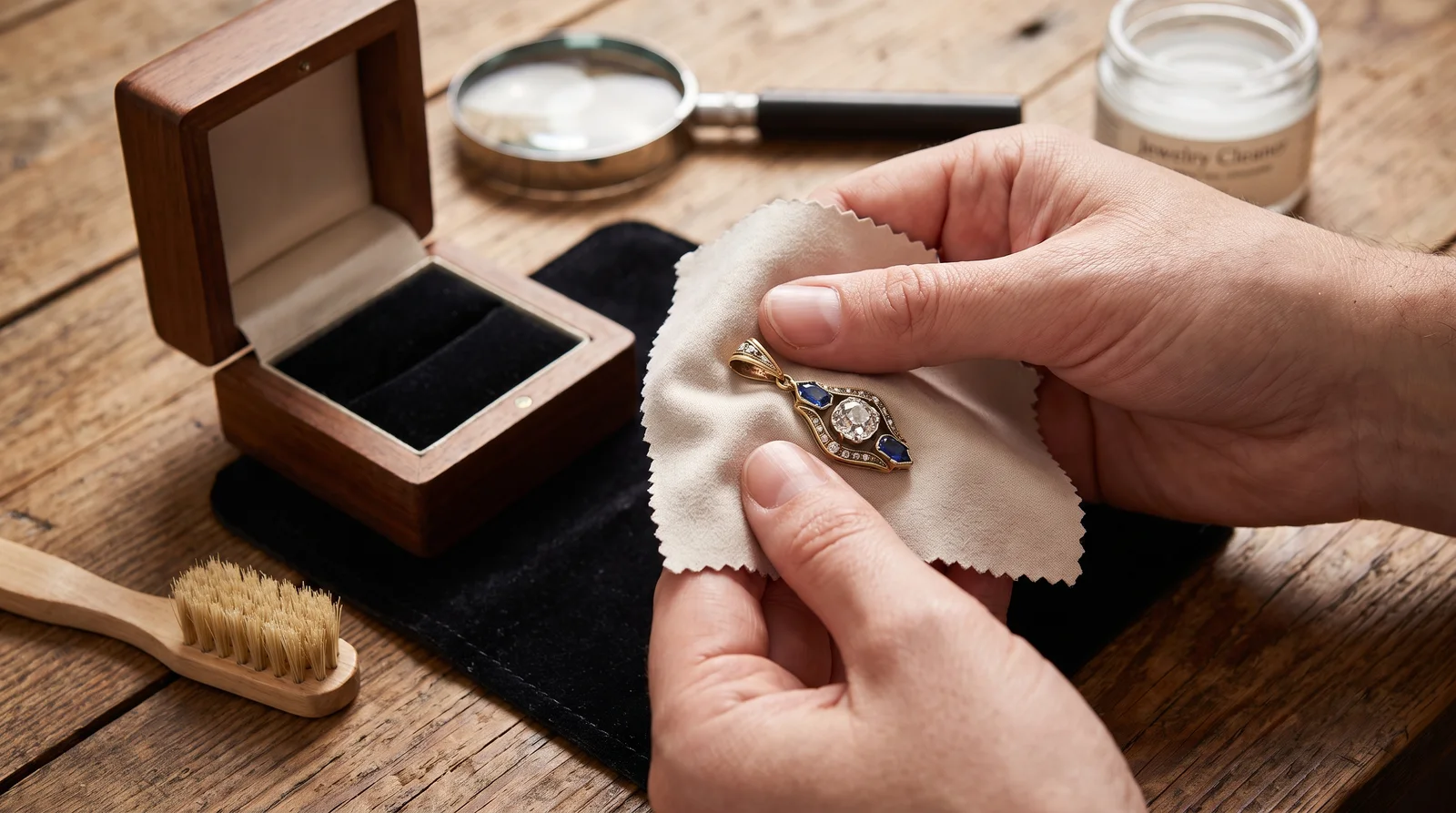 Vintage tie pin turned into pendant necklace being gently polished with a soft cloth for care