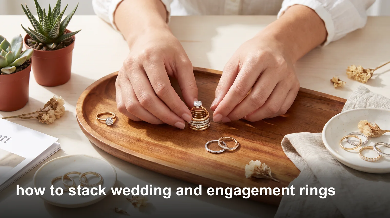 Woman's hand showing how to stack wedding and engagement rings with matching wedding band and diamond ring