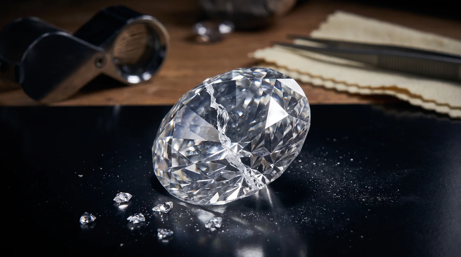 Close-up of a cracked diamond ring showing chip damage, illustrating whether a chipped diamond can be repaired