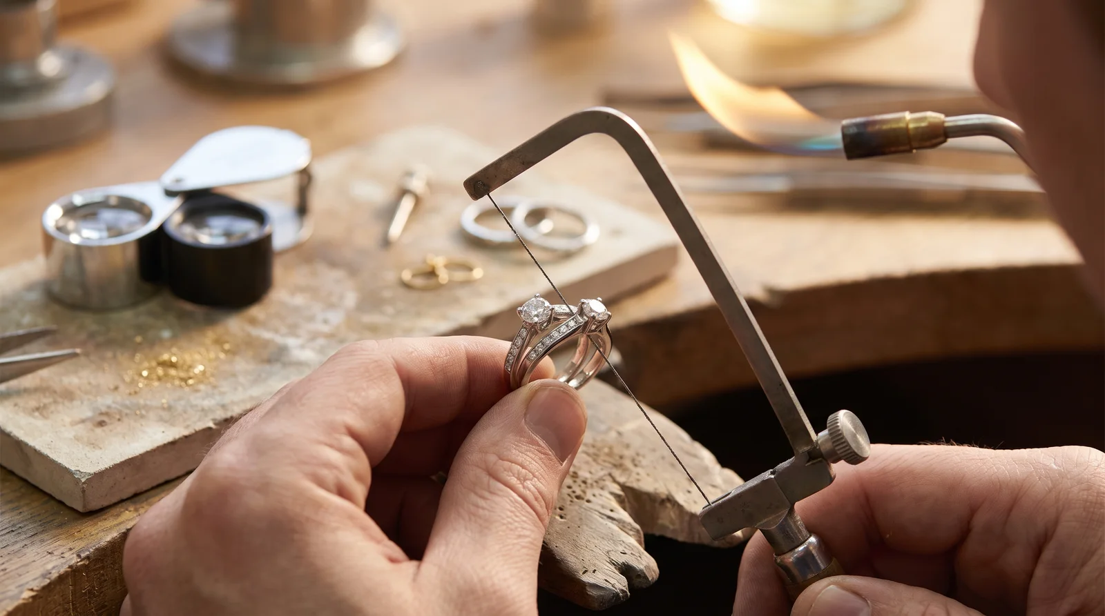 Jeweler separating soldered wedding band and engagement ring, showing cost to solder wedding band and engagement ring together