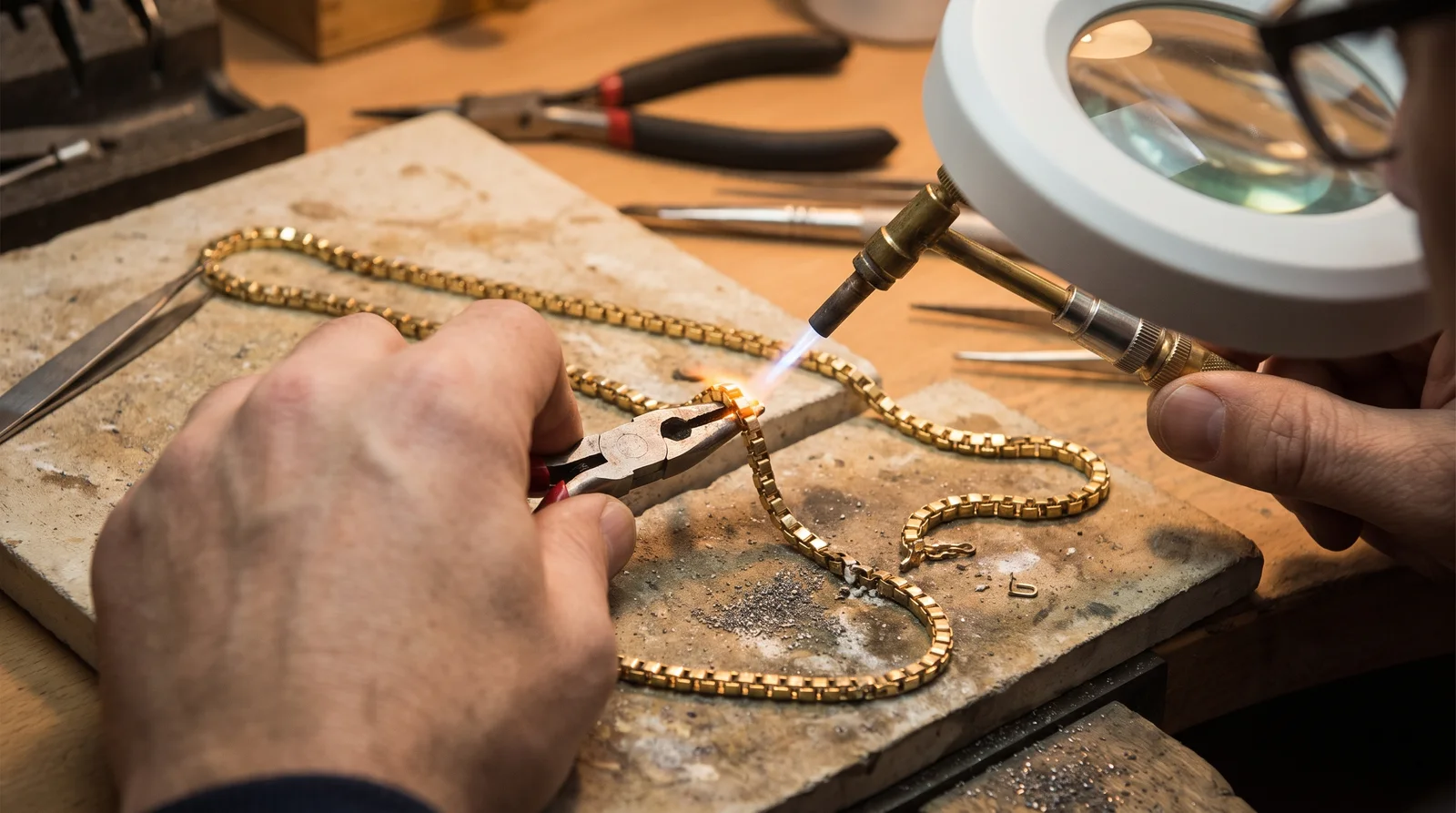 Broken box chain necklace on jeweler's workbench showing chain repair cost estimate and tools