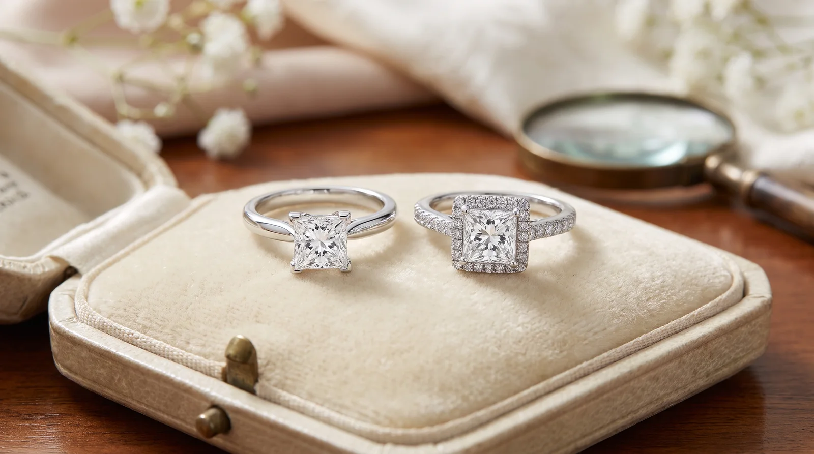 Princess cut engagement rings compared side by side in halo and solitaire settings on a white background