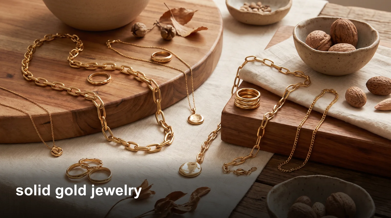 Solid gold jewelry rings and necklaces displayed on a jeweler's cloth showing authentic gold hallmark stamps