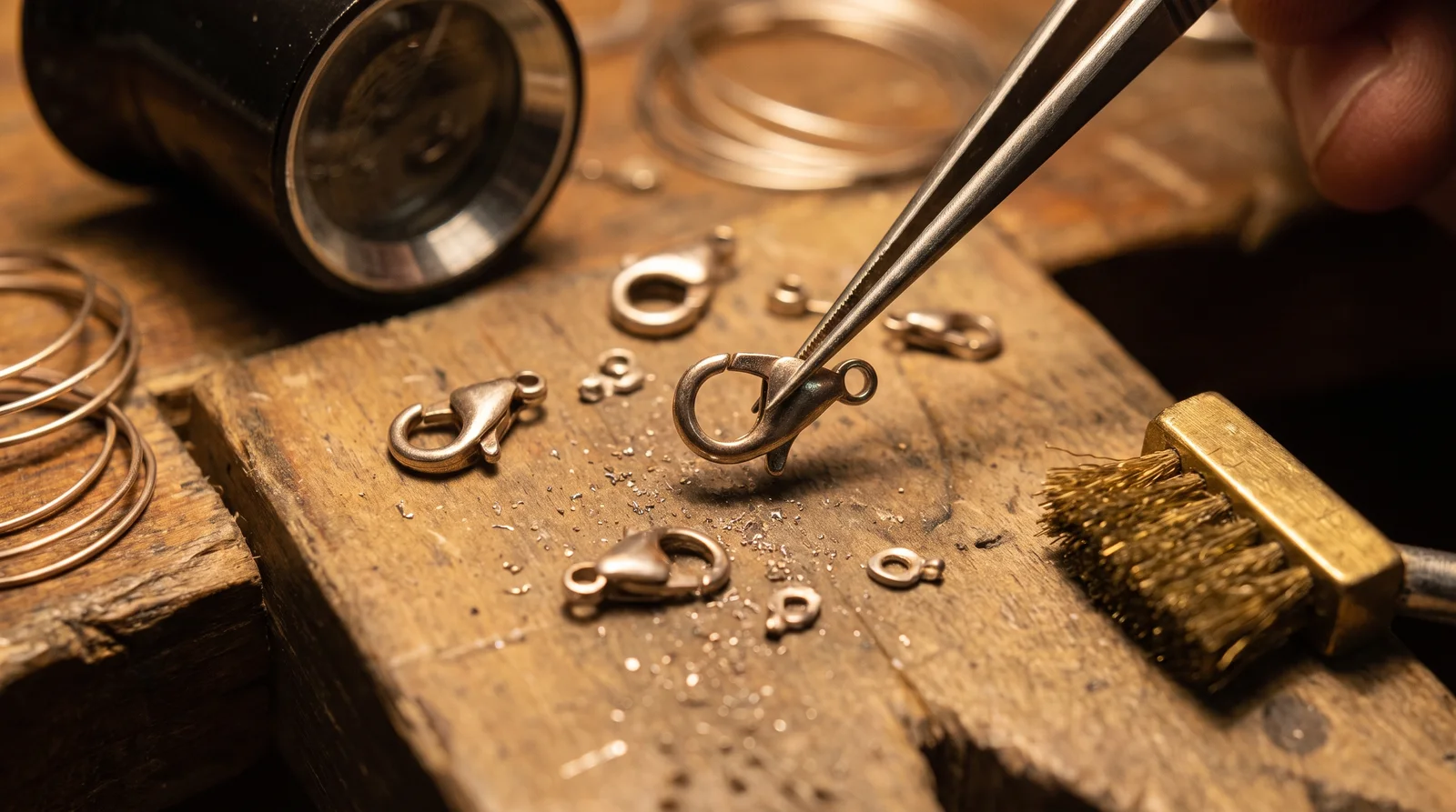 Close-up of a jewelry lobster clasp won't close properly, showing worn spring mechanism on necklace chain