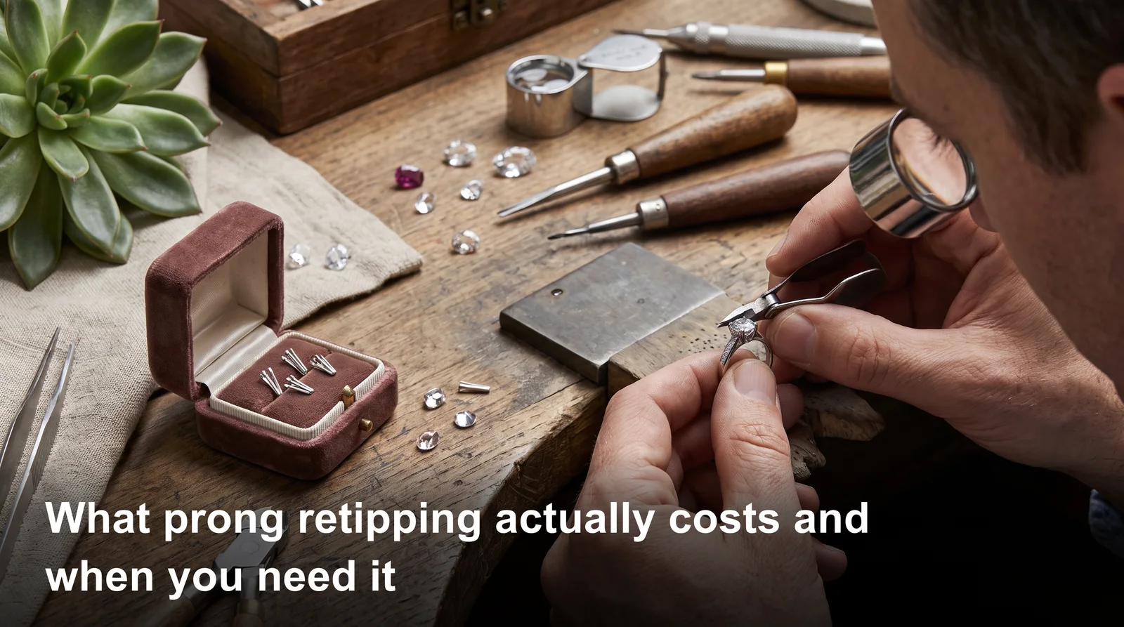 Jeweler examining worn ring prongs under magnification to assess prong retipping cost and repair needs