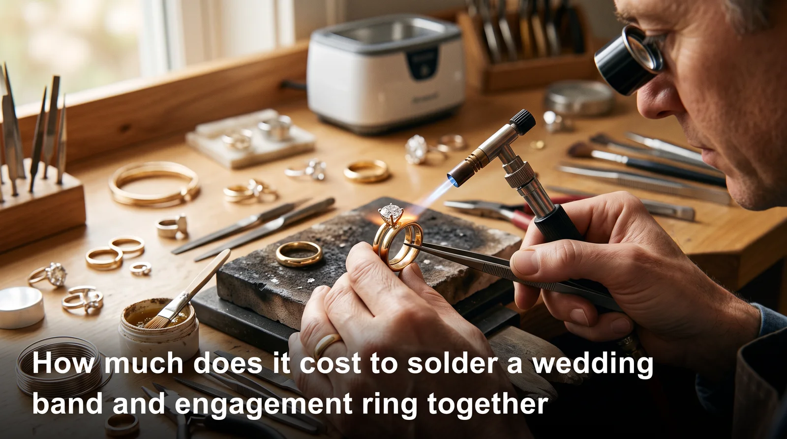 Jeweler soldering wedding band and engagement ring together, showing typical cost and process