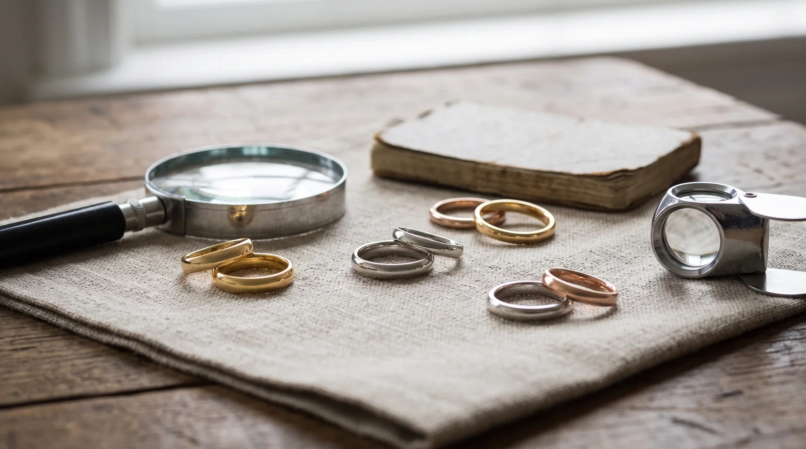 Classic plain wedding bands in gold and silver displayed together, answering common FAQs about simple wedding rings