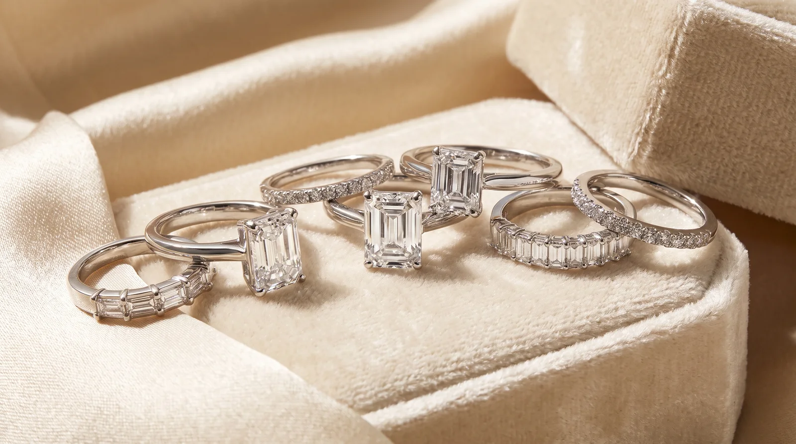 White gold emerald cut engagement rings paired with matching wedding bands in a bridal set display
