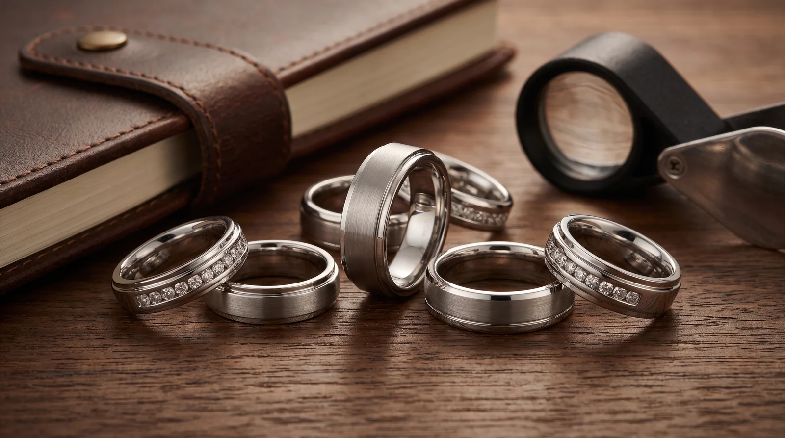Man trying on men's diamond wedding bands at a jewelry counter while comparing styles side by side