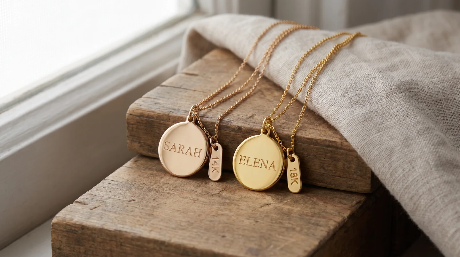 14k and 18k gold engraved necklace comparison showing color and engraving detail differences
