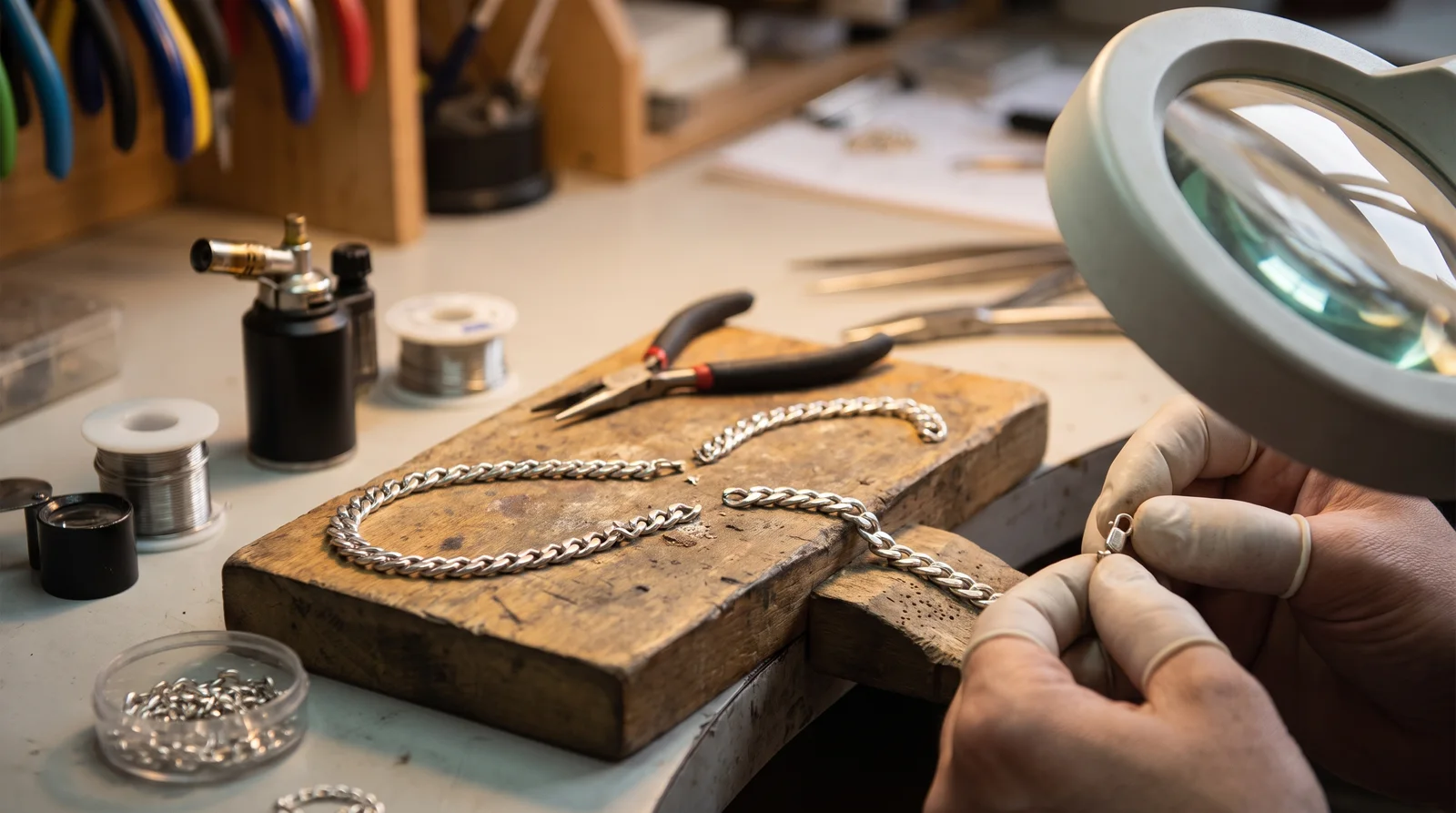 Jeweler inspecting broken curb chain bracelet to estimate chain repair cost at workshop bench