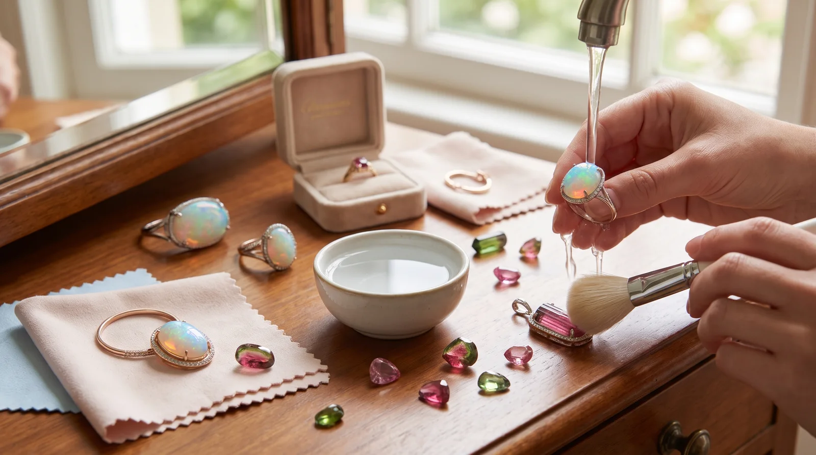 October birthstone opal and tourmaline jewelry pieces displayed alongside a soft cloth for gentle care and cleaning