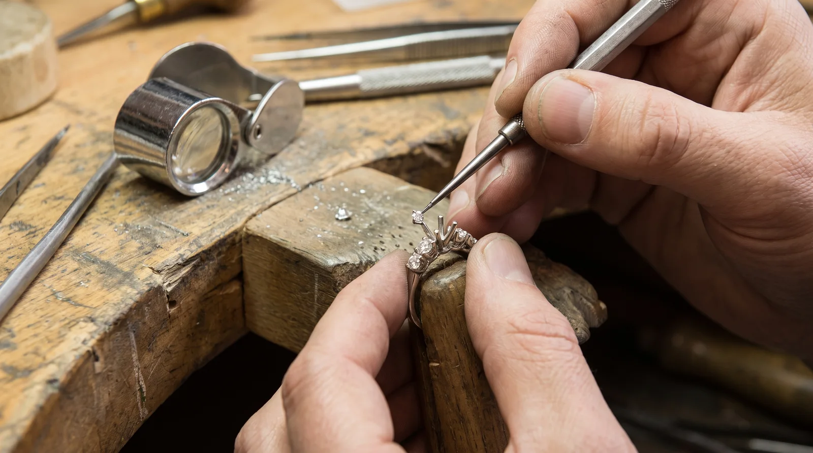 Jeweler repairing bent prongs on a diamond ring, illustrating the cost to replace a lost diamond in a ring