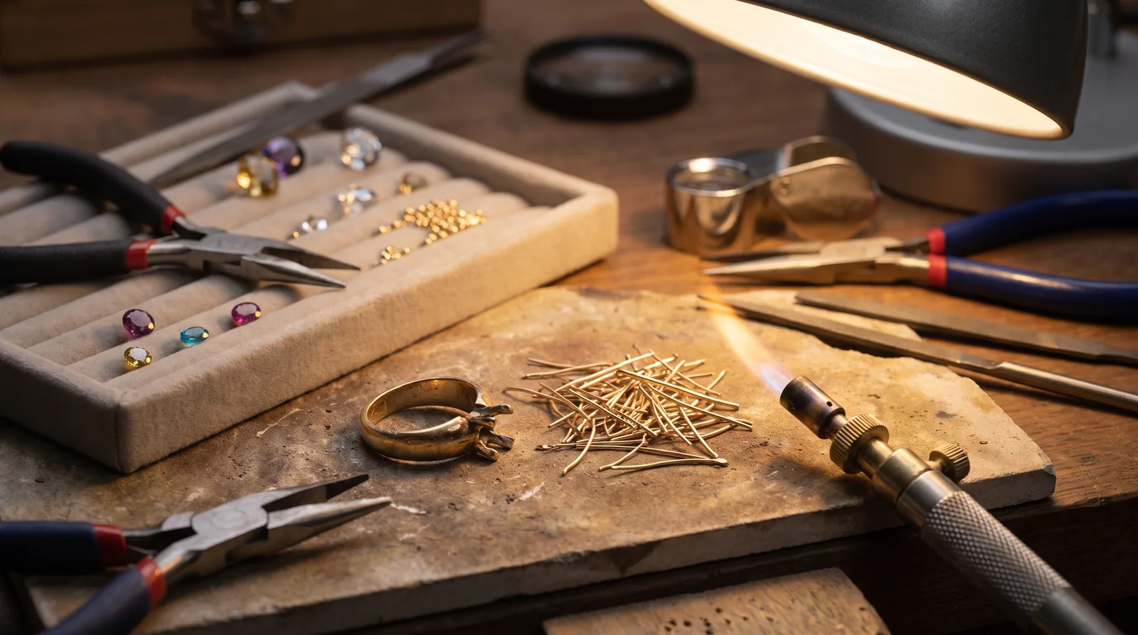 Jeweler inspecting worn prongs on a ring to estimate prong retipping cost before repair