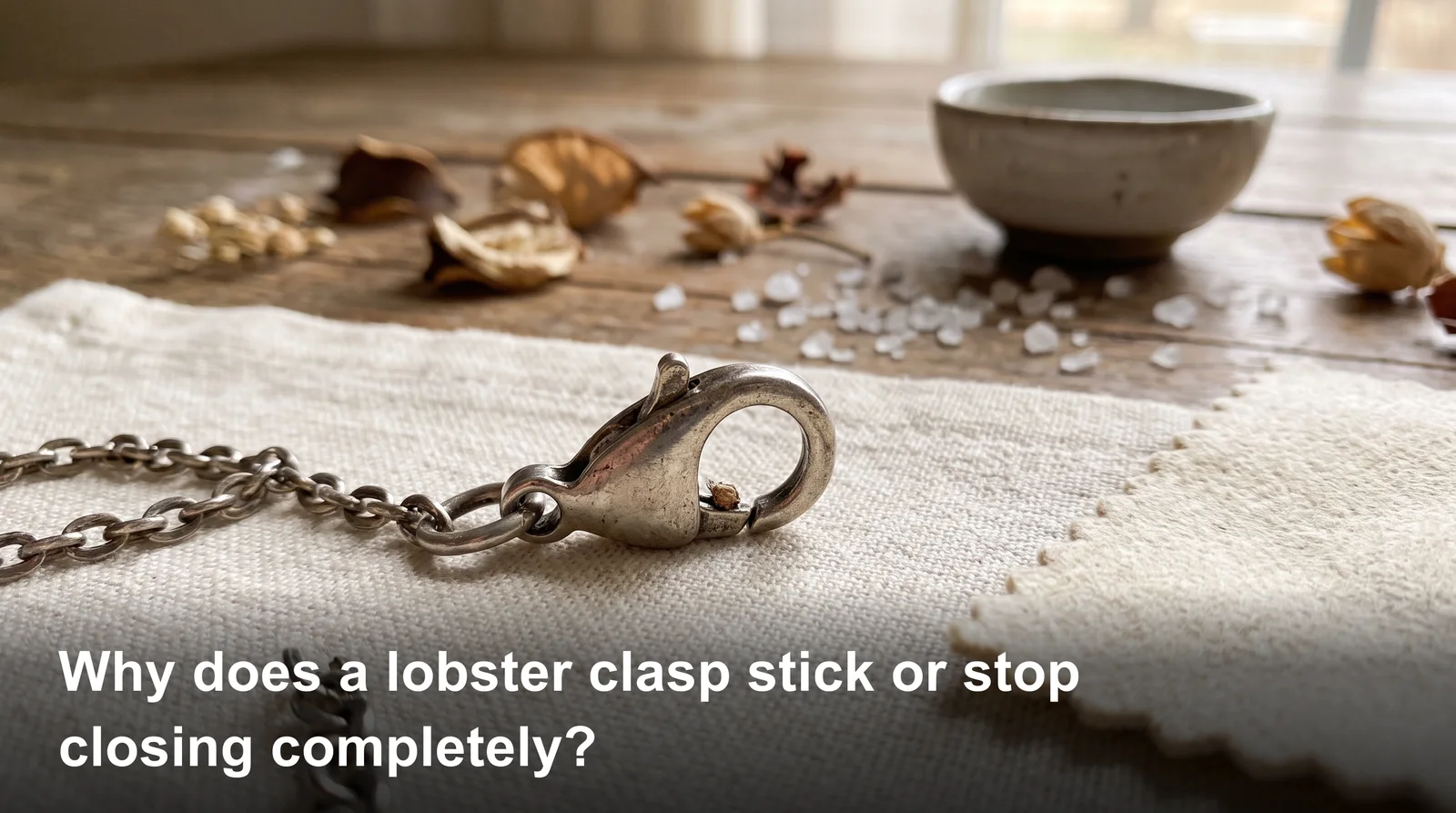 Close-up of a lobster clasp won't close properly on a necklace, showing dirt jammed in the spring mechanism