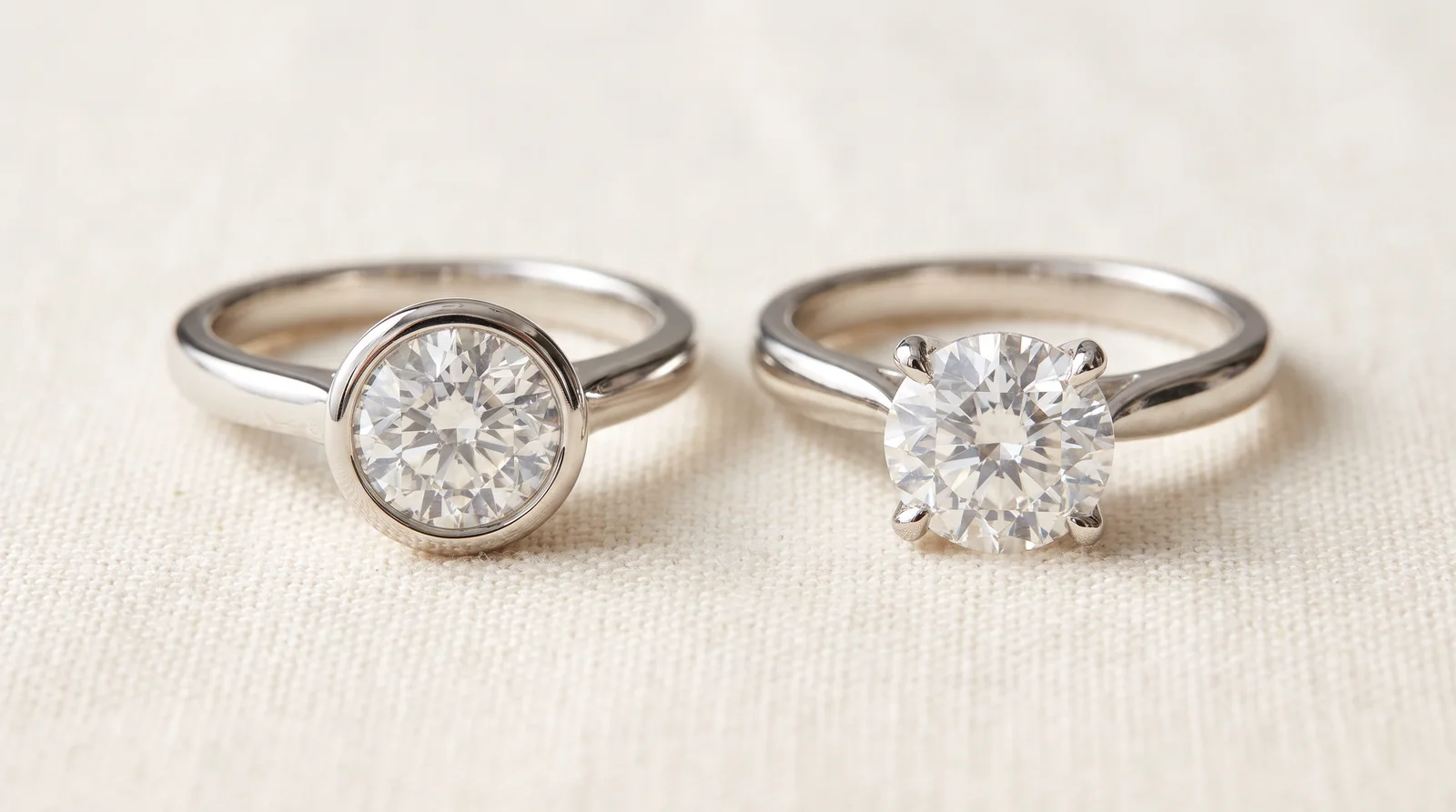 Diamond ring comparing bezel vs prong settings, showing why does my diamond look smaller after setting