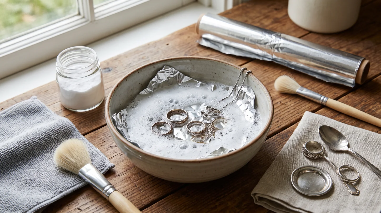 Homemade baking soda and foil solution showing how to clean sterling silver jewelry at home
