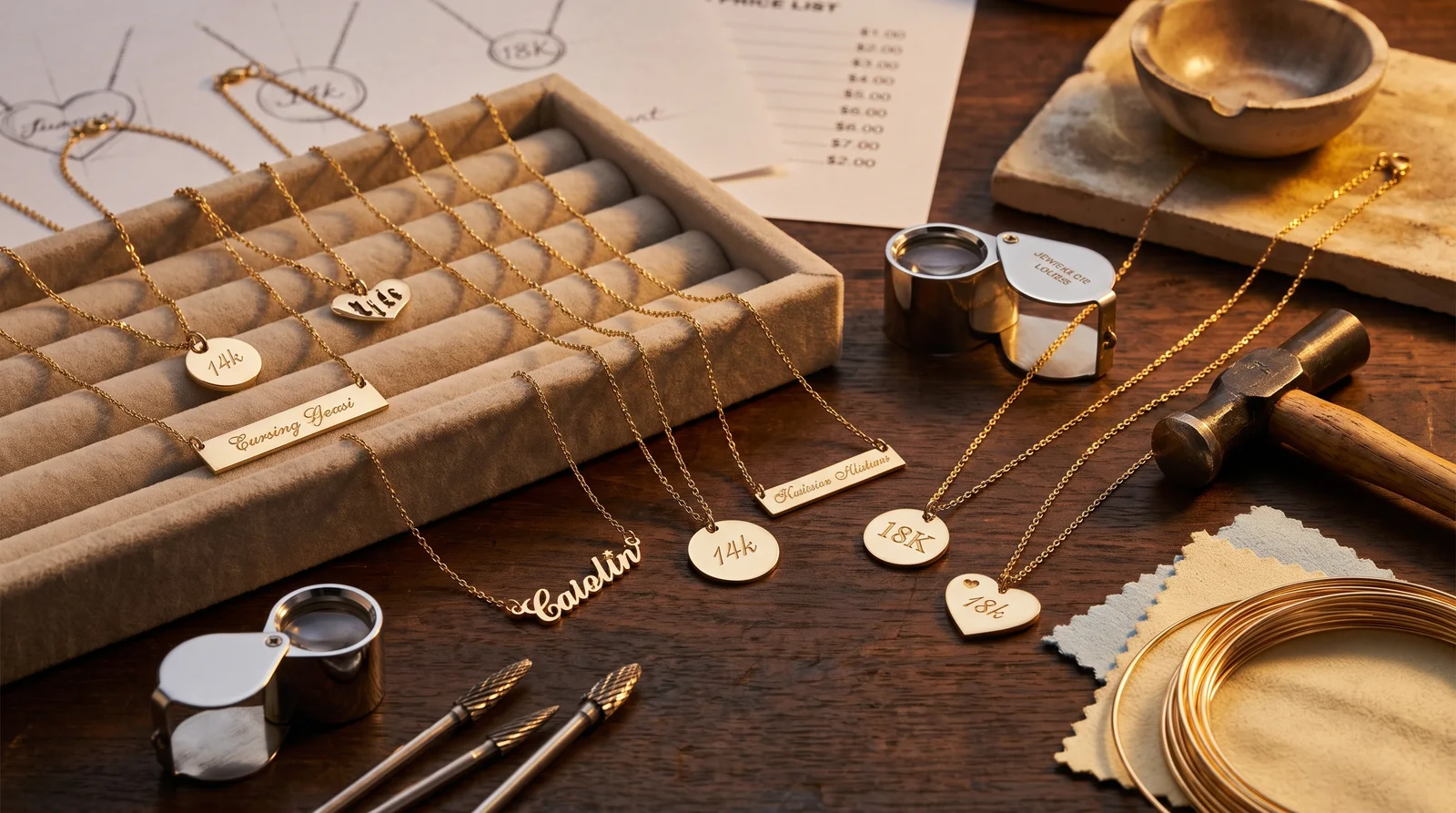 Gold engraved necklace pricing comparison showing factors that affect cost and quality differences
