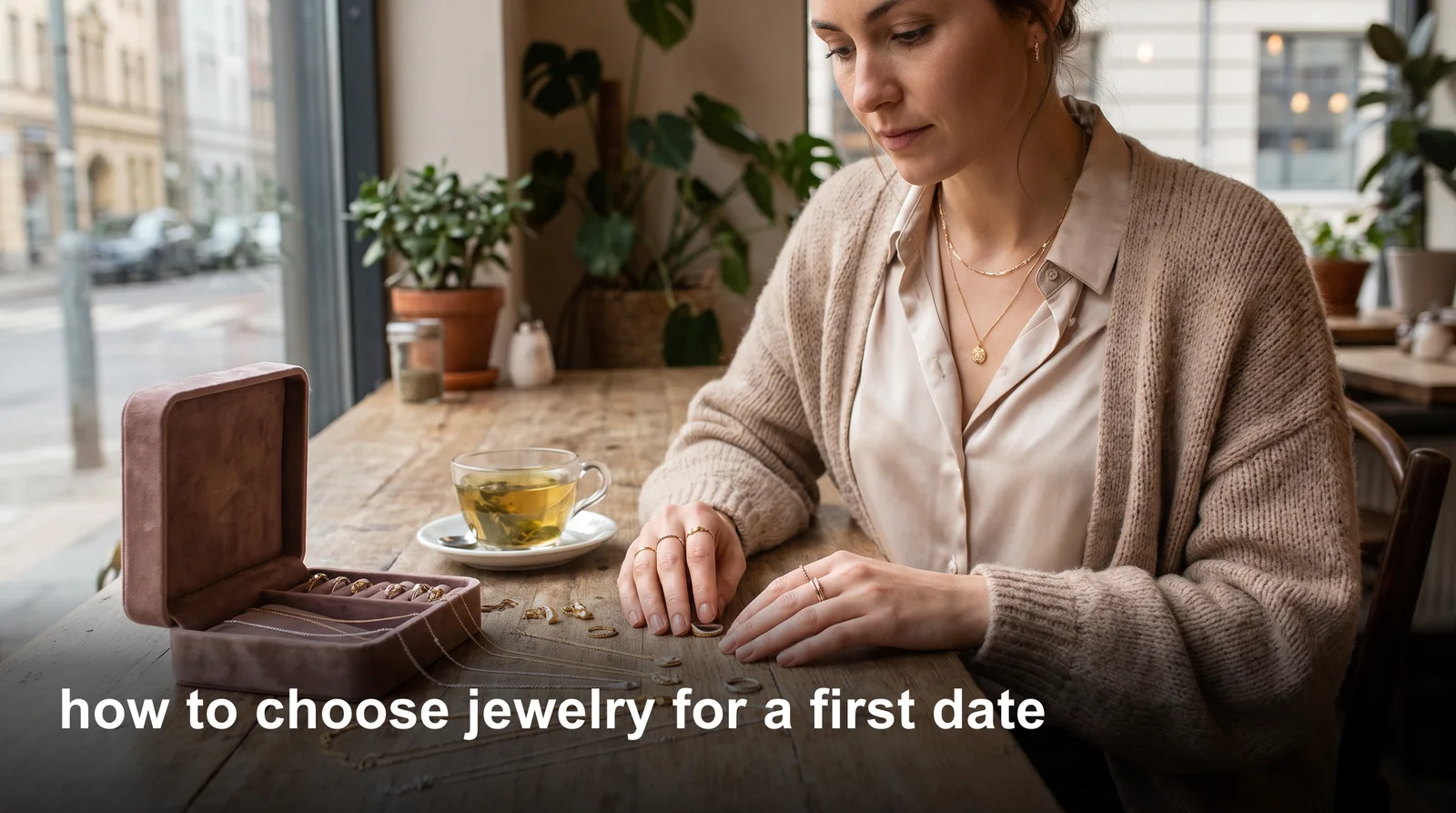 Woman choosing simple gold necklace and earrings for a first date outfit laid out on a bed