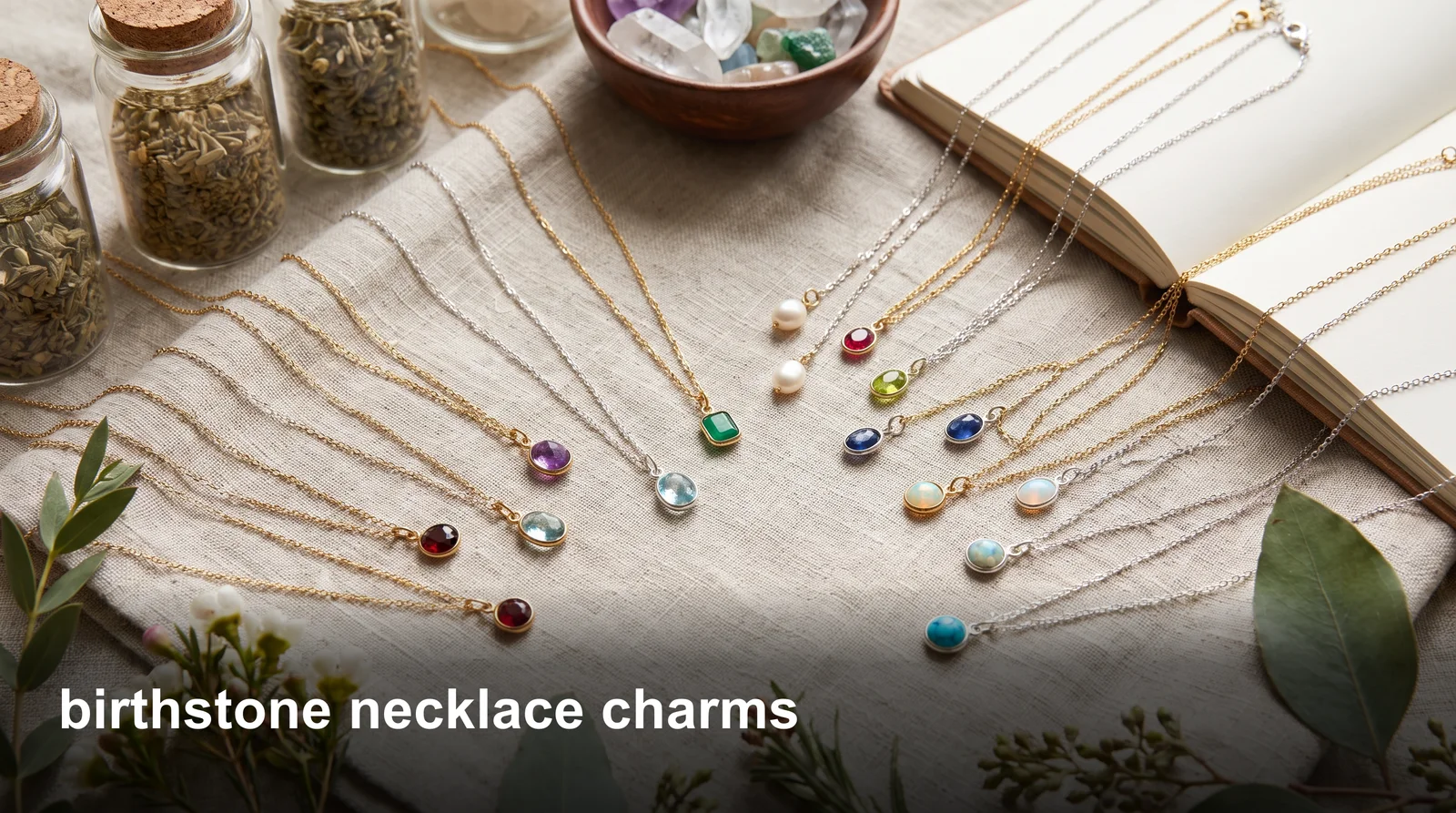 Birthstone necklace charms on a gold chain showing proper stone settings and clasp attachment