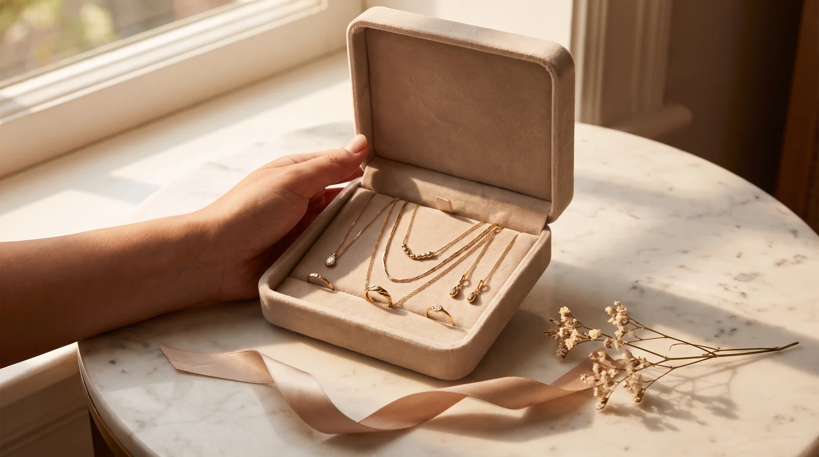 Elegant solid gold jewelry gift set with necklace, rings, and earrings displayed in a luxury box