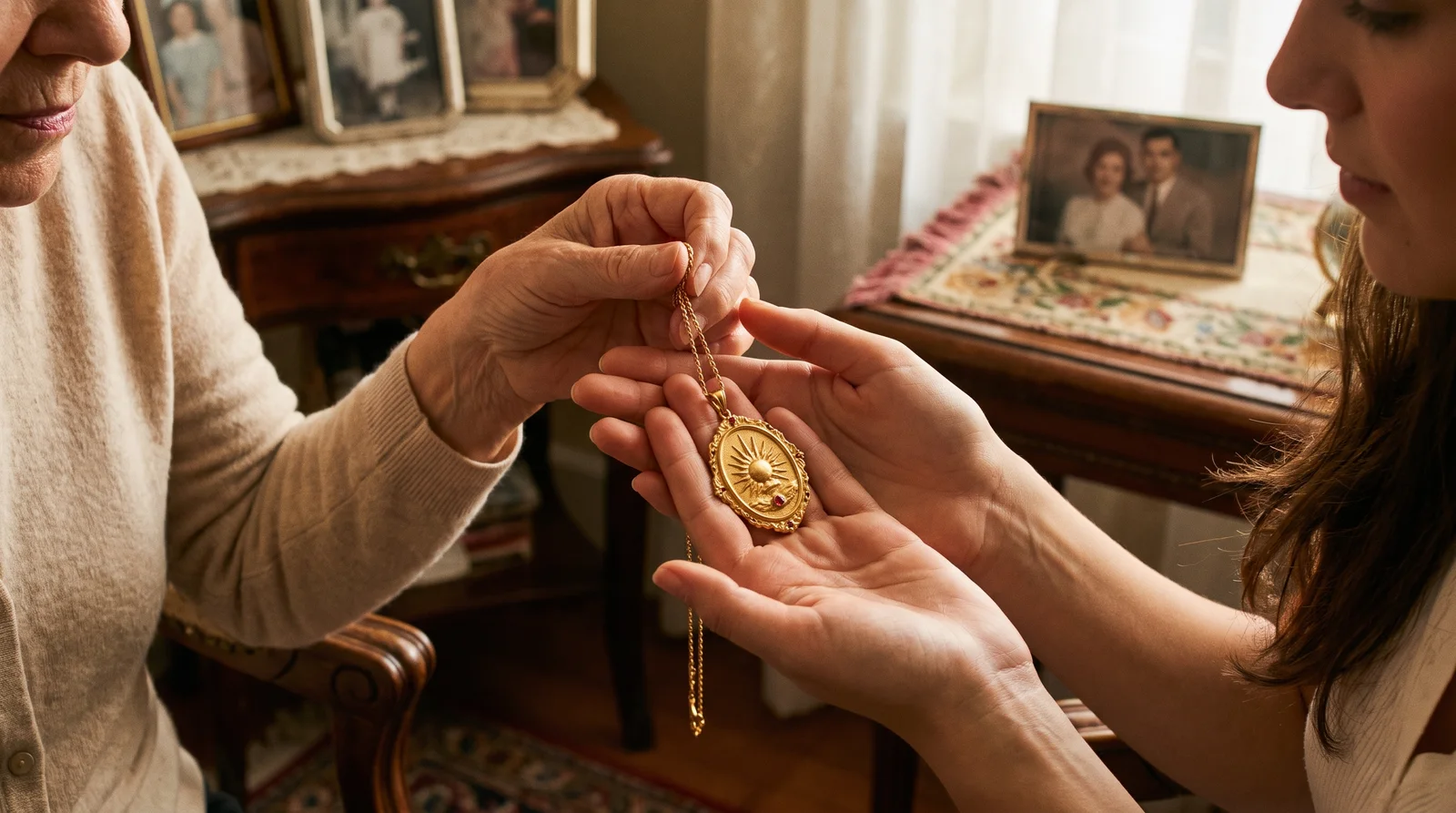 Heirloom 24k gold pendants necklace being passed from mother to daughter as a family keepsake