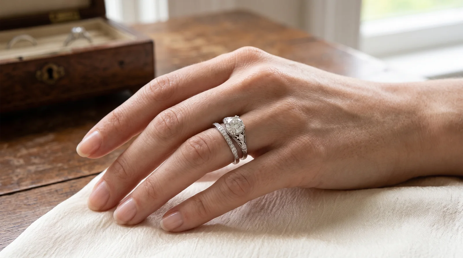 Bride's hand showing how to stack wedding and engagement rings, with wedding band closest to the heart