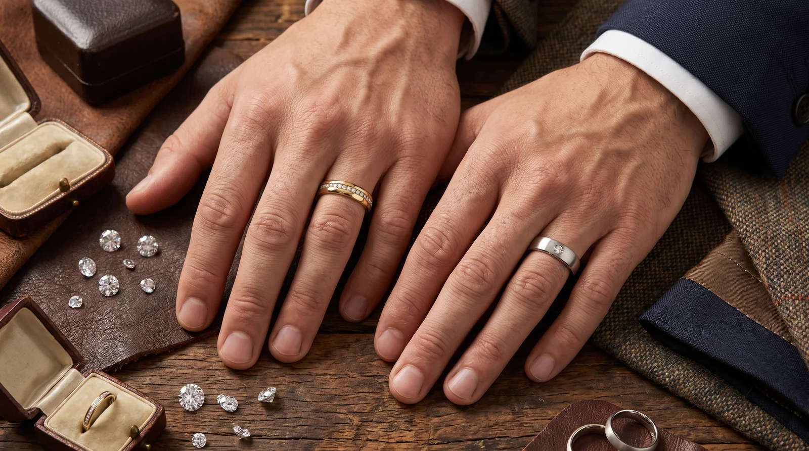Men's diamond wedding bands in yellow gold and white gold displayed side by side for comparison