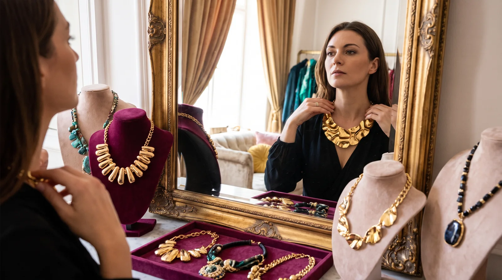 Woman in neckline top demonstrating how to wear a statement necklace that fits her face shape and body