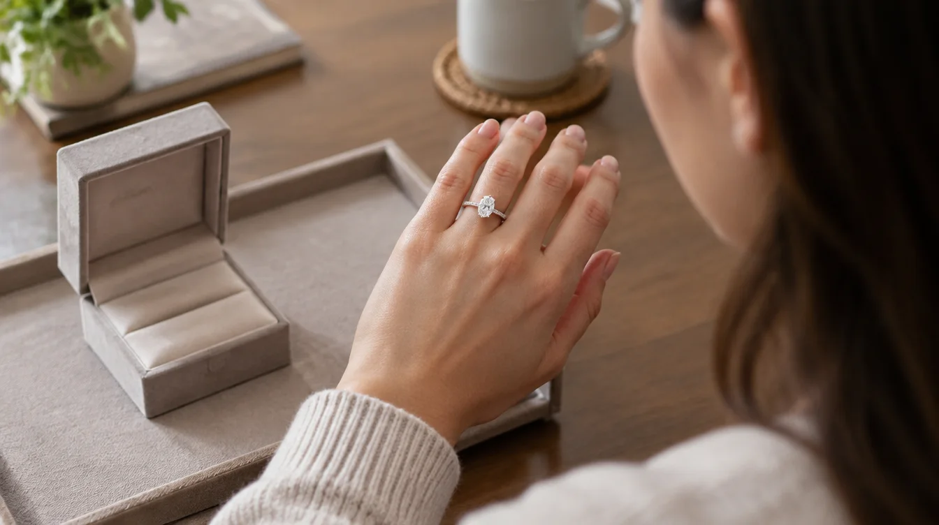 Shopper viewing an oval diamond ring on the hand at home beside an open ring box