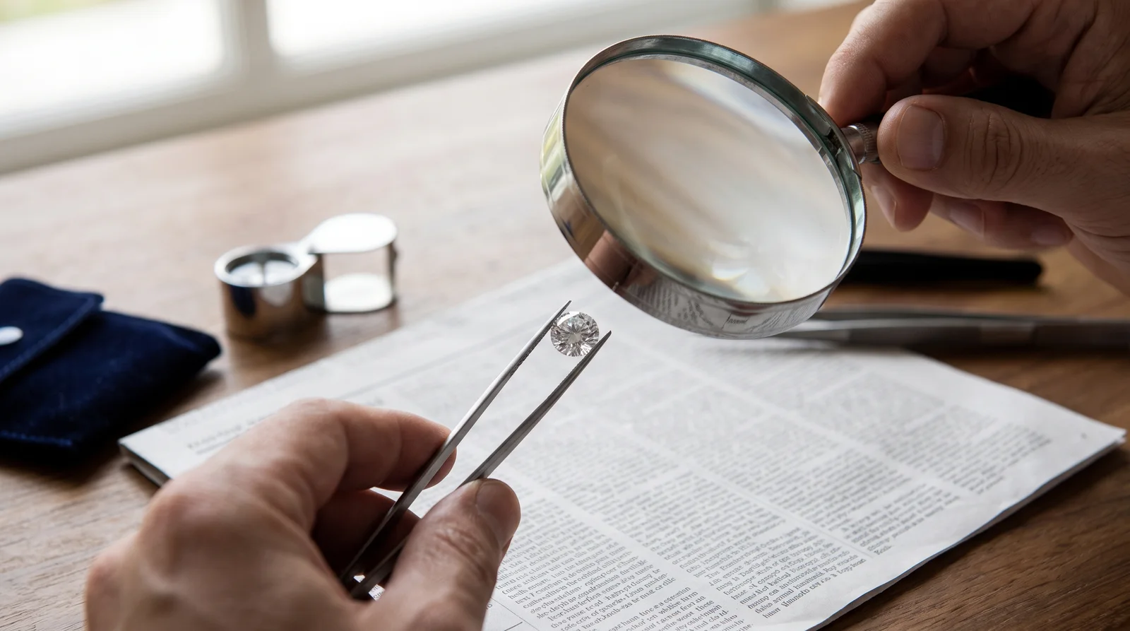 Loose diamond placed dot-side down on newspaper text, demonstrating how to tell if a diamond is real at home