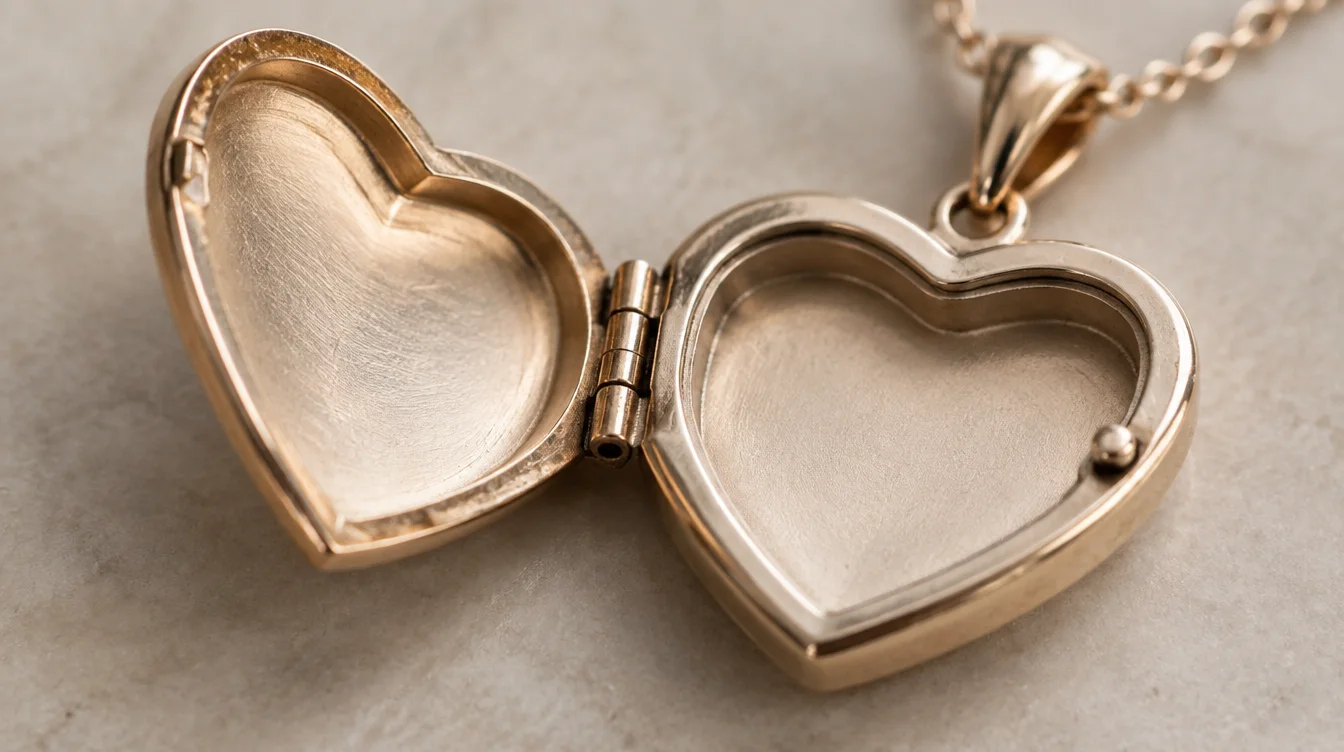 Empty heart locket showing its shallow recess, raised rim, hinge, and closure