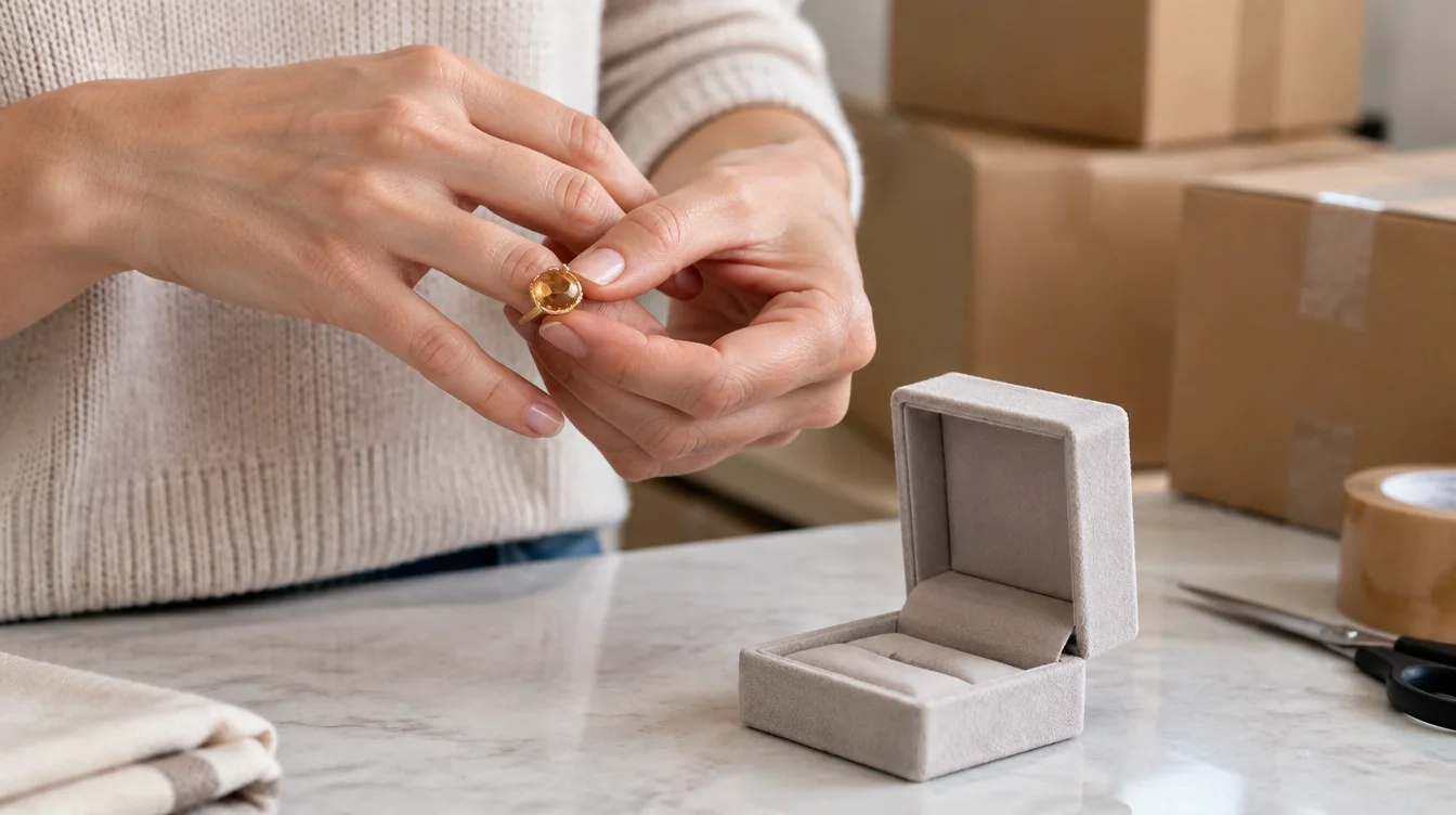 Person removing a topaz ring over a padded jewelry box before handling packing boxes