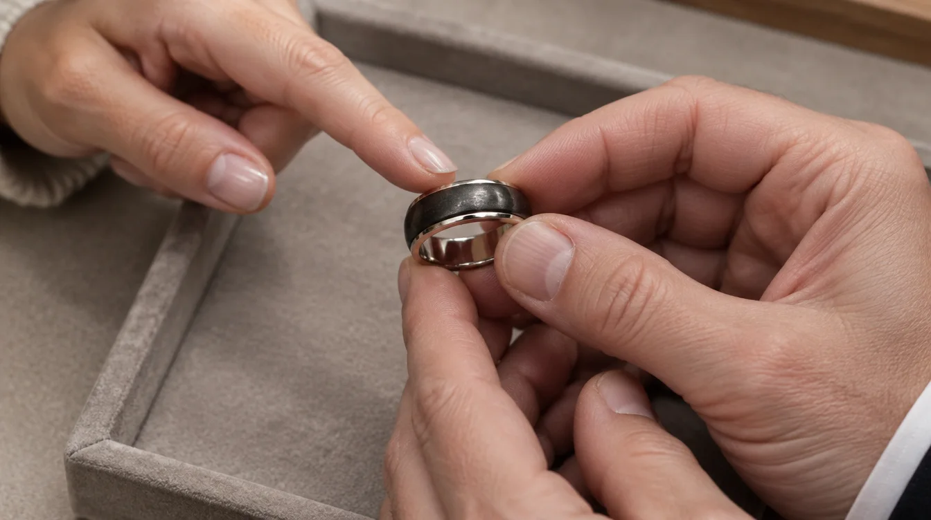 Owner pointing to a bright border on a black rhodium band during a jeweler consultation.