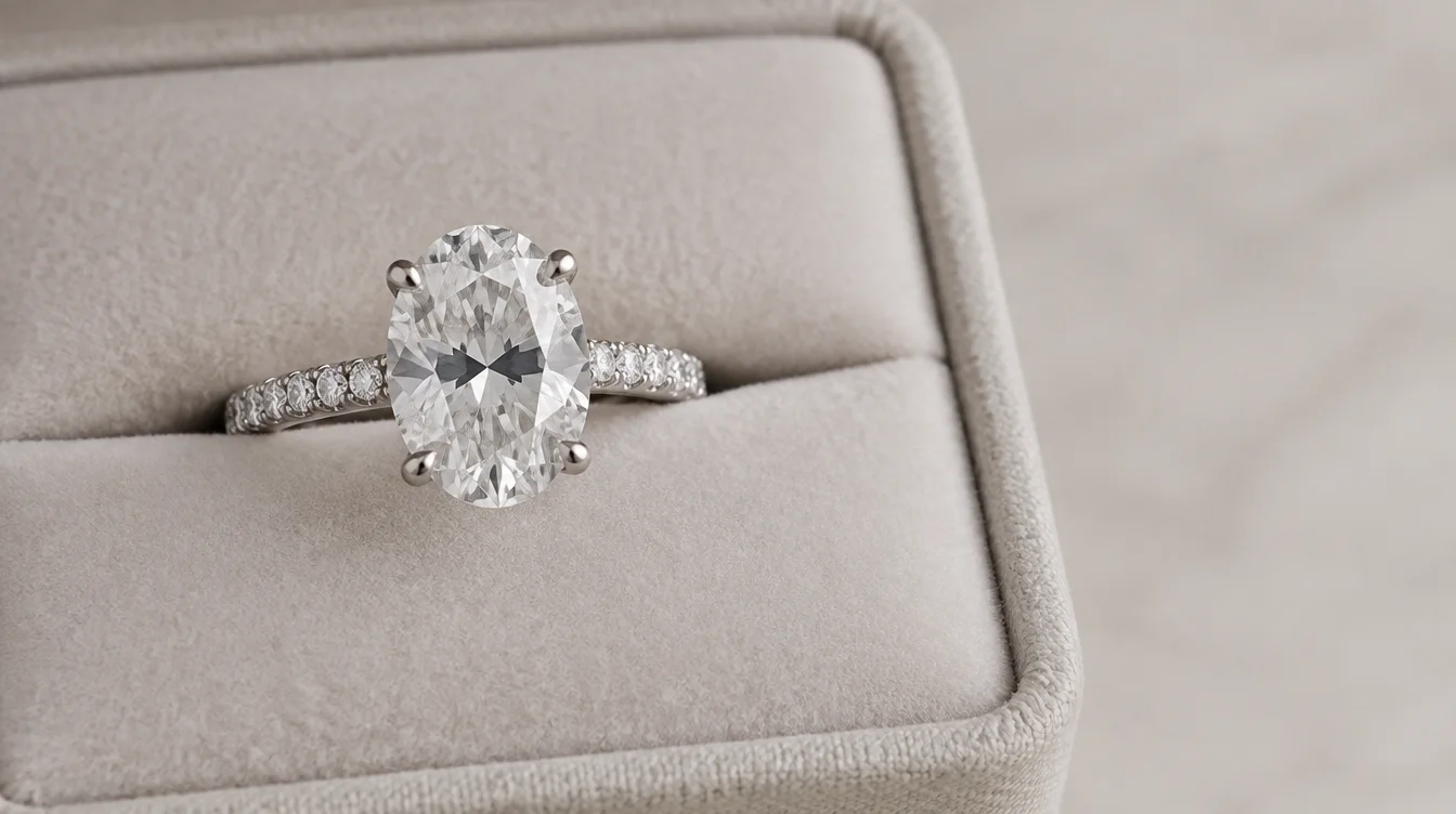Oval diamond engagement ring with a dark bow tie visible across its center