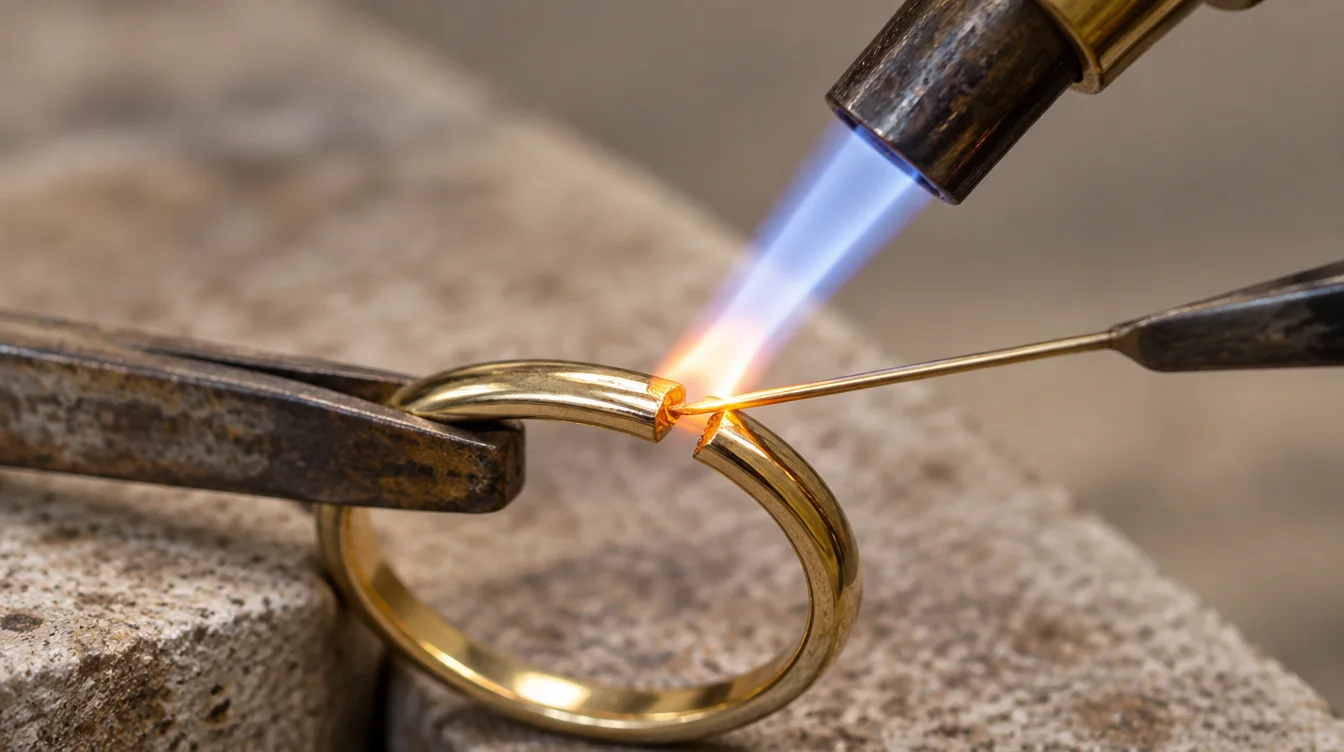Jeweler's torch heating gold joint with solder flowing into seam between two metal pieces