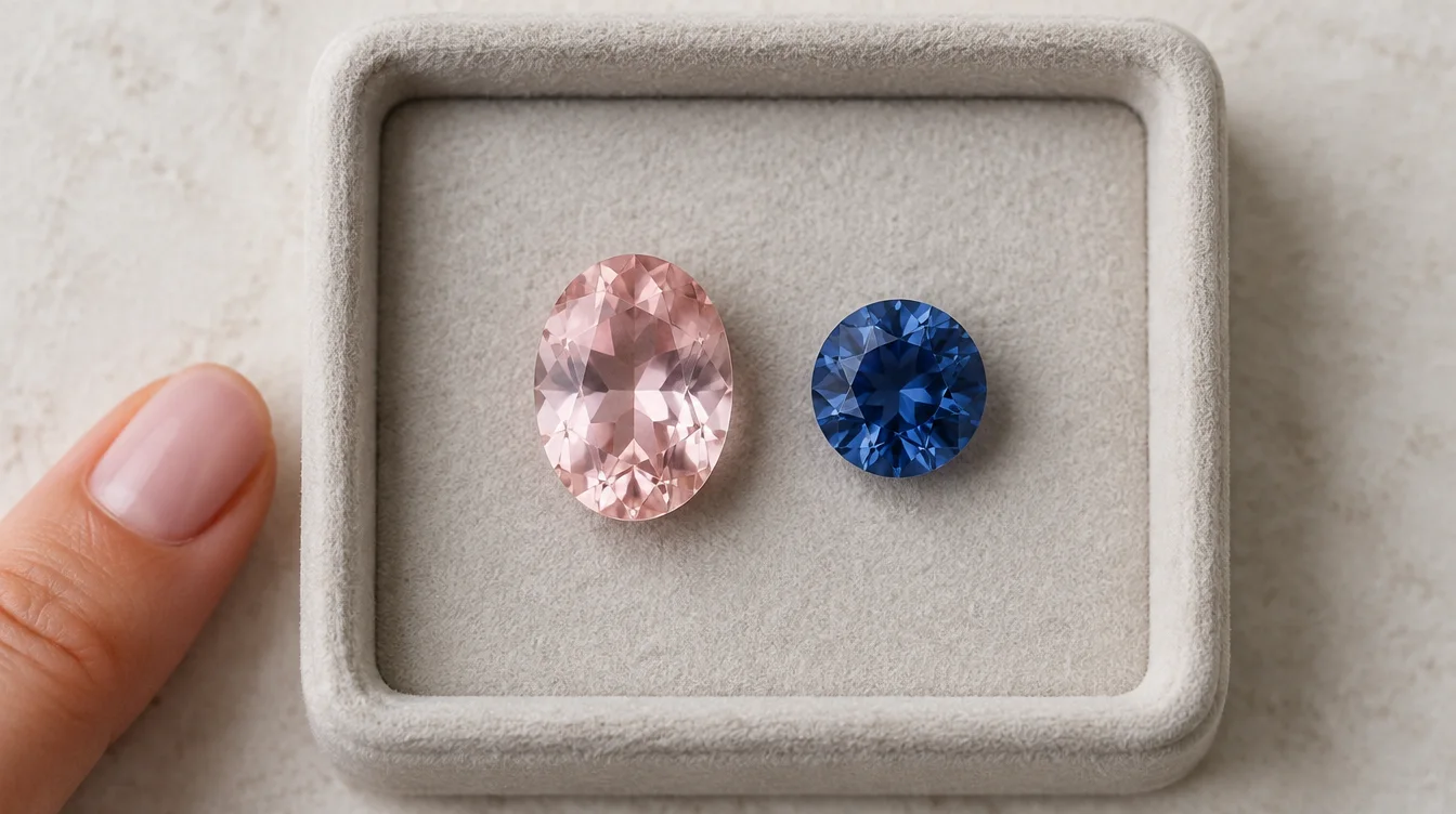 Pale pink oval and deeper blue round gemstones placed together in a neutral tray for visual comparison.