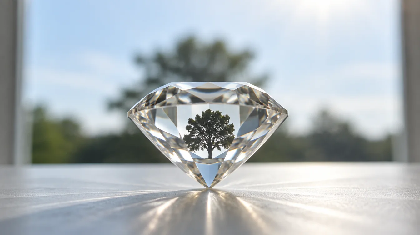 Diamond held to backlit light source showing sharp text outline visible through transparent crystal