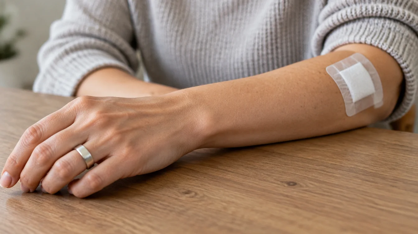 A silver ring and a small forearm dressing remain separate on a resting arm.