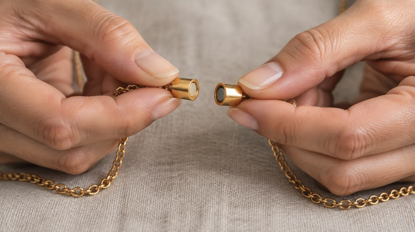 Hands holding magnetic clasp bodies apart while the necklace chain rests slack on soft fabric.