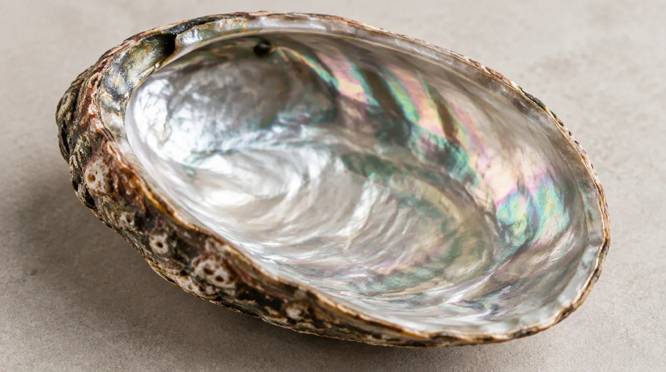 Close view of an abalone shell’s nacreous interior and natural outer rim