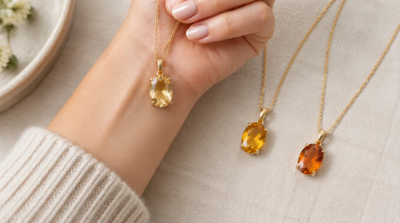 Shopper comparing pale yellow, honey, and orange citrine pendants against a wrist