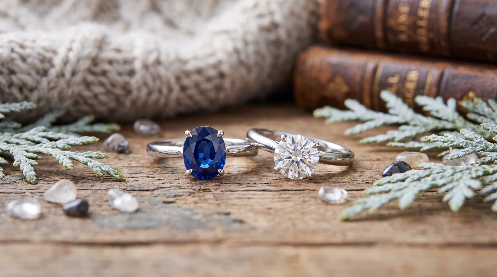 Sapphire vs moissanite engagement ring comparison showing color durability and sparkle side by side