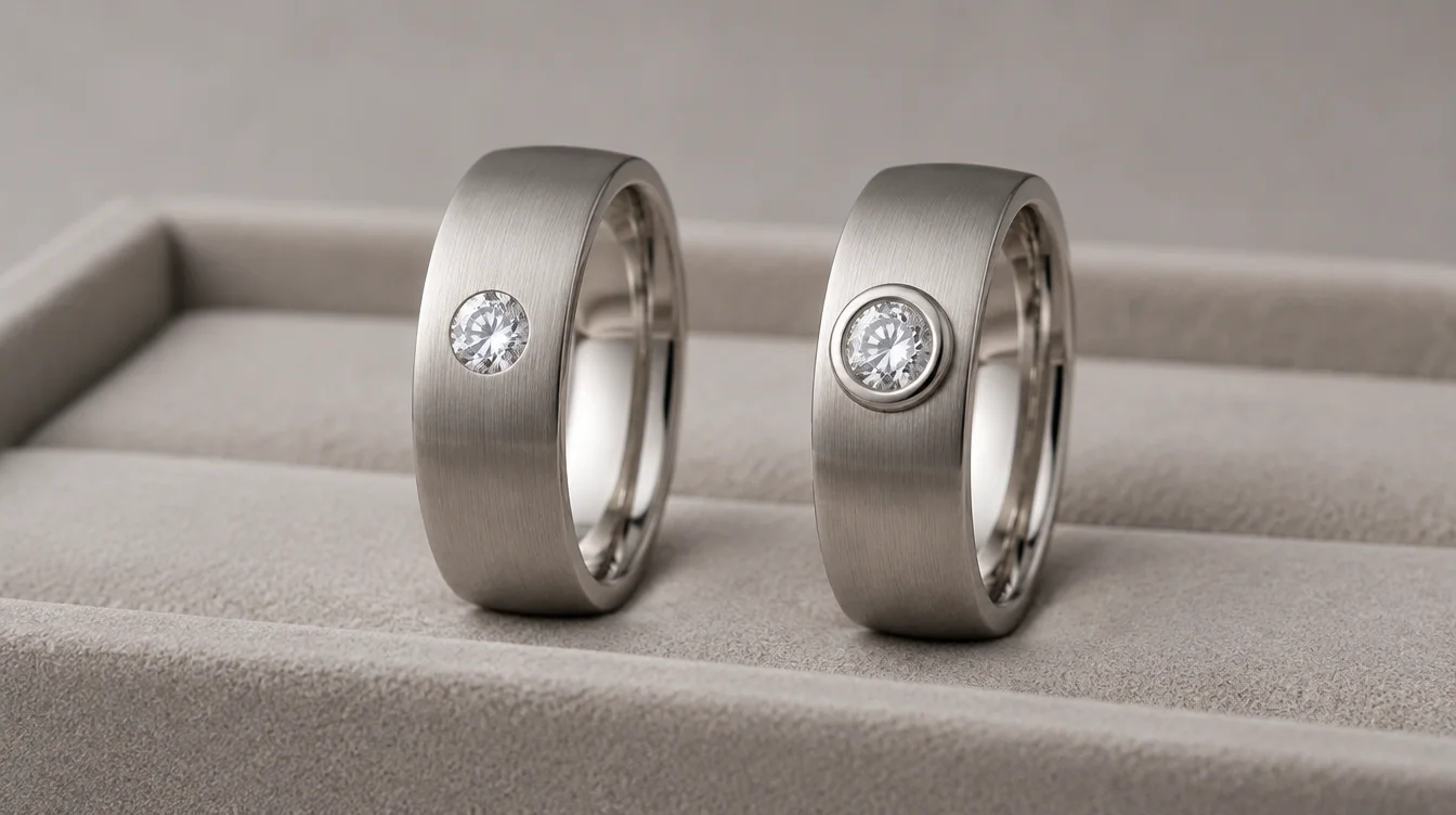 Comparable men's wedding bands with a diamond embedded in one band and enclosed by a bezel rim in the other.