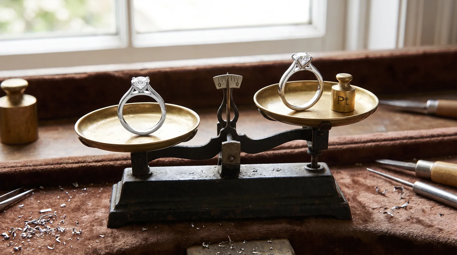 Platinum and white gold wedding bands side by side on a scale showing weight difference