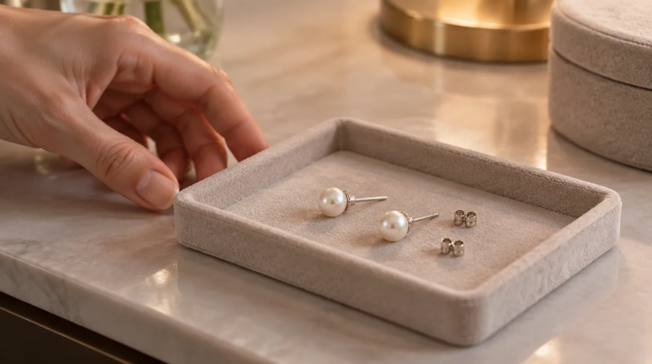 Both pearl studs and their backs rest in a padded tray after being set aside.