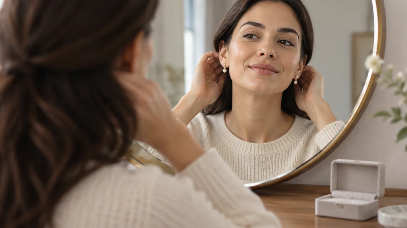 An adult checks the position of both clip earrings in a mirror with hair held clear of the ears
